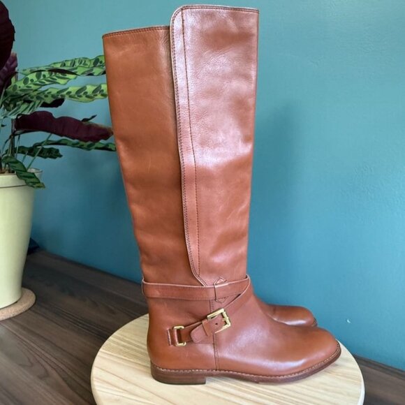 Coach Womens Leather Boots 8.5 B Over-The-Knee Monique Flats Cognac Moto Zipper - Picture 1 of 10